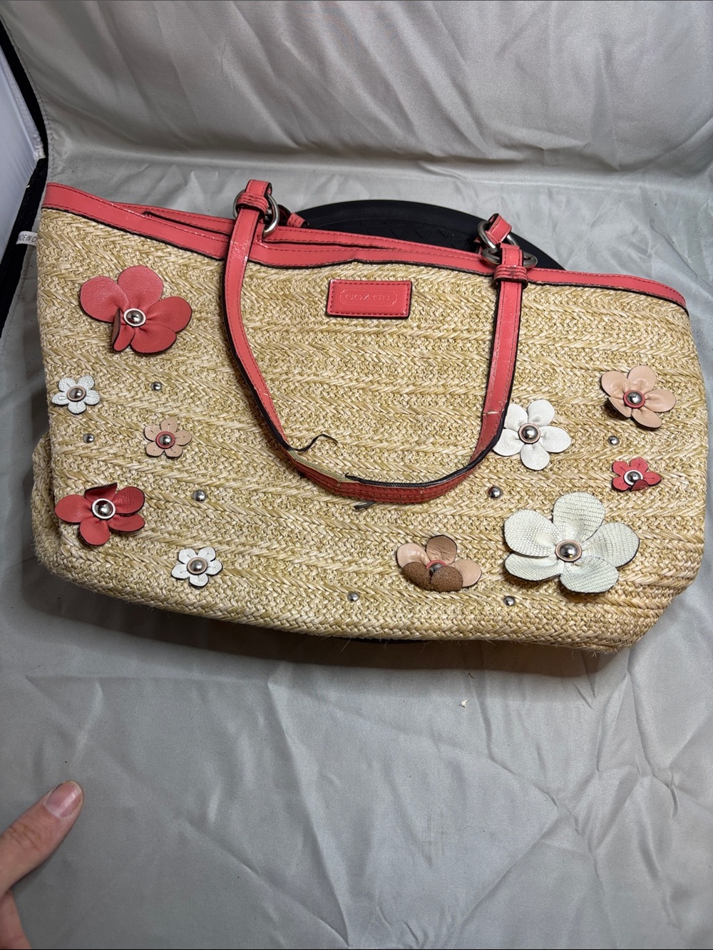 Coach Straw Tote with Coral Trim and Floral Appliqués